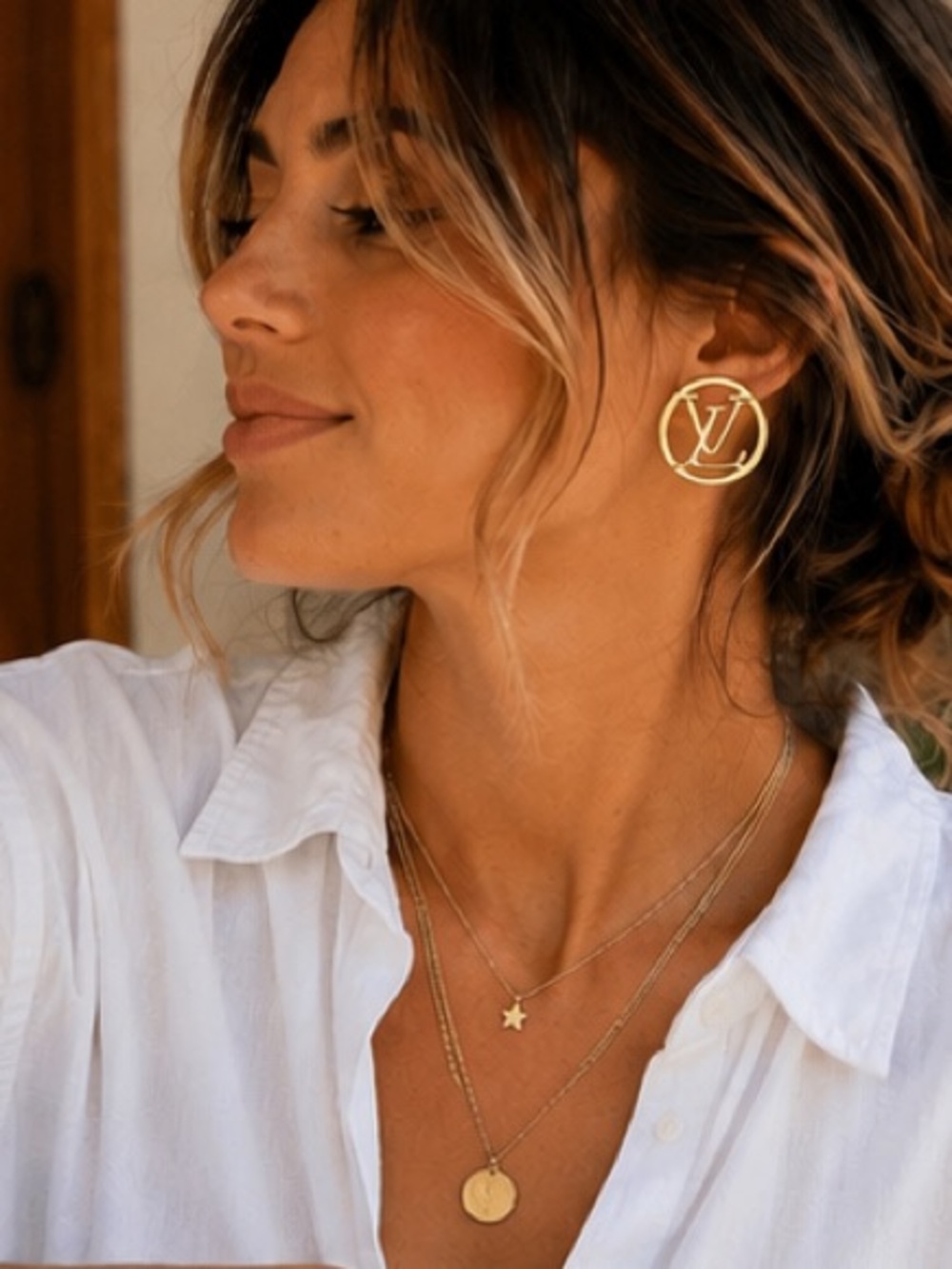 Designer Inspired Gold Open Circle Monogram Statement Stud Earrings - Picture 2 of 4